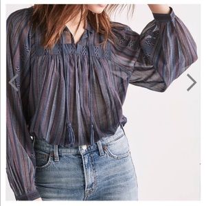 Lucky Brand Border Print Boho Peasant Long Sleeve Top